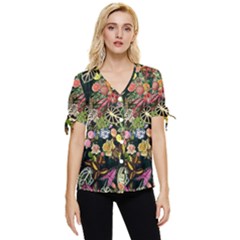 Tropical Pattern Bow Sleeve Button Up Top