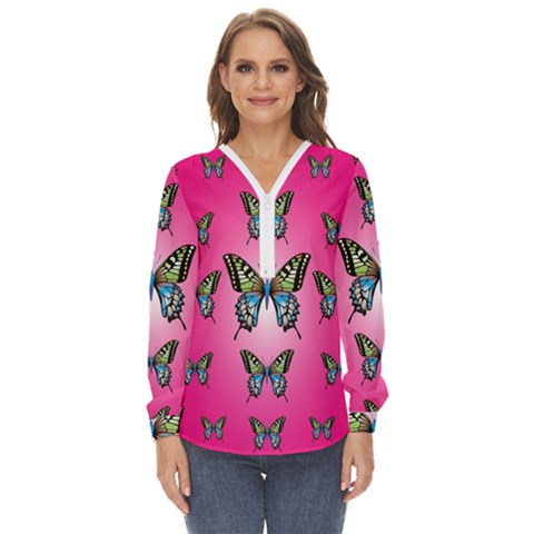 Butterfly Zip Up Long Sleeve Blouse by Dutashop