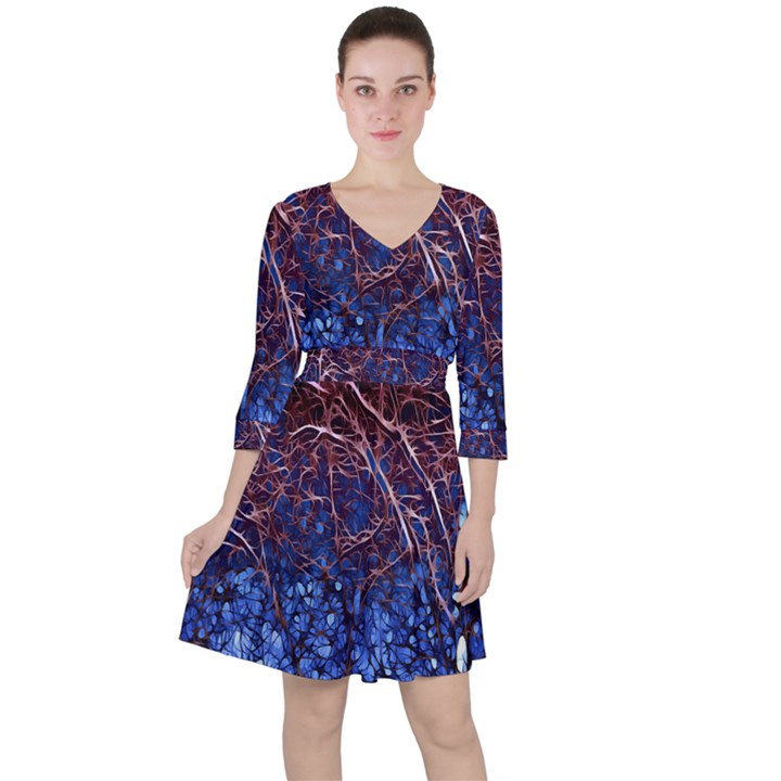 Autumn Fractal Forest Background Quarter Sleeve Ruffle Waist Dress