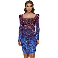 Autumn Fractal Forest Background Women Long Sleeve Ruched Stretch Jersey Dress