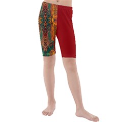 Red Abbey Abstract Animal Print Kids  Mid Length Swim Shorts by MickiRedd