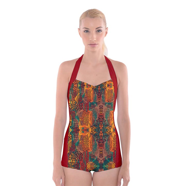 Red Abbey Abstract Animal Print Boyleg Halter Swimsuit 