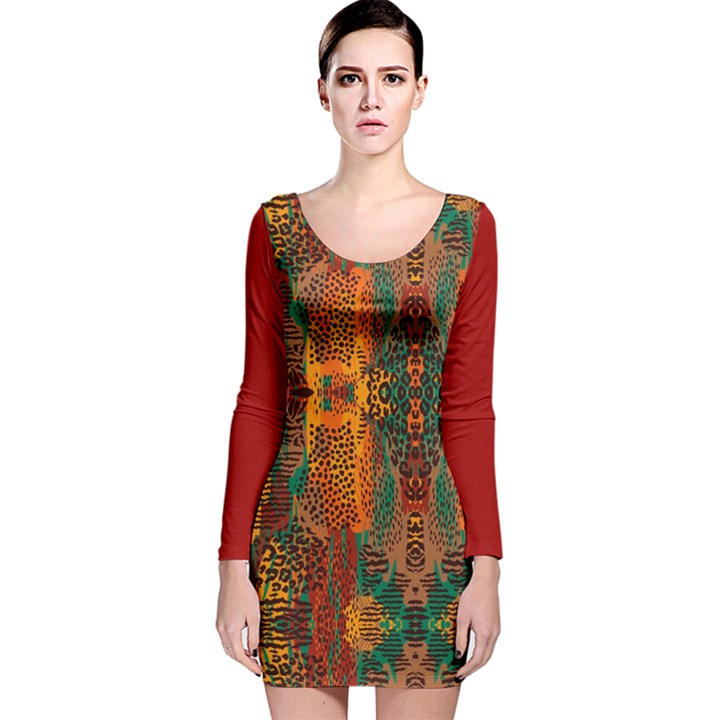 Red Abbey Abstract Animal Print Long Sleeve Velvet Bodycon Dress