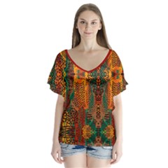 Red Abbey Abstract Animal Print V-Neck Flutter Sleeve Top