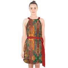 Red Abbey Abstract Animal Print Halter Collar Waist Tie Chiffon Dress