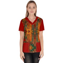 Red Abbey Abstract Animal Print Women s V-Neck Scrub Top