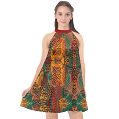 Red Abbey Abstract Animal Print Halter Neckline Chiffon Dress 