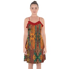 Red Abbey Abstract Animal Print Ruffle Detail Chiffon Dress