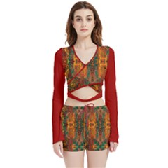 Red Abbey Abstract Animal Print Velvet Wrap Crop Top and Shorts Set