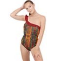 Red Abbey Abstract Animal Print Frilly One Shoulder Swimsuit View1