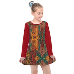 Red Abbey Abstract Animal Print Kids  Long Sleeve Dress