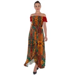 Red Abbey Abstract Animal Print Off Shoulder Open Front Chiffon Dress