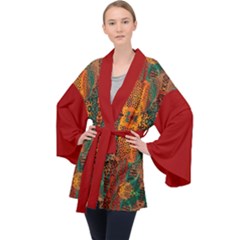 Red Abbey Abstract Animal Print Long Sleeve Velvet Kimono  by MickiRedd