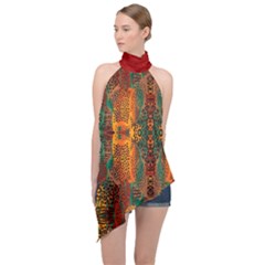 Red Abbey Abstract Animal Print Halter Asymmetric Satin Top