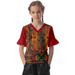 Red Abbey Abstract Animal Print Kids  V-neck Horn Sleeve Blouse