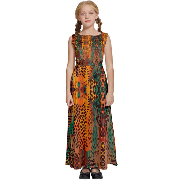 Red Abbey Abstract Animal Print Kids  Satin Sleeveless Maxi Dress