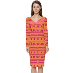 Mudcloth Hot Tangerine Long Sleeve V-neck Bodycon Dress 