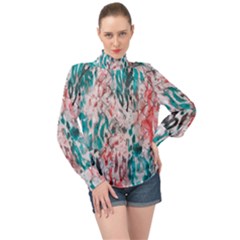 Colorful Spotted Reptilian Coral High Neck Long Sleeve Chiffon Top by MickiRedd