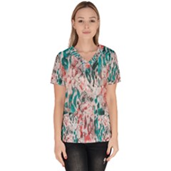 Colorful Spotted Reptilian Coral Women s V-neck Scrub Top