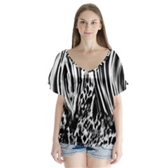 Zebra Leopard Black 7000 V-neck Flutter Sleeve Top