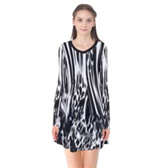 Zebra Leopard Black 7000 Long Sleeve V-neck Flare Dress by MickiRedd