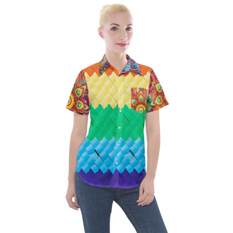 Mandalas-1084082 Textured-rainbow Women s Short Sleeve Pocket Shirt by jellybeansanddinosaurs