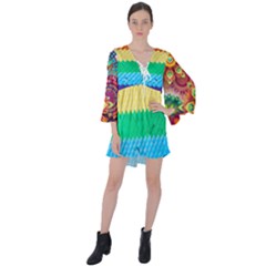 Mandalas-1084082 Textured-rainbow V-neck Flare Sleeve Mini Dress by jellybeansanddinosaurs