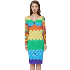 Mandalas-1084082 Textured-rainbow Long Sleeve V-neck Bodycon Dress 