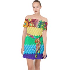 Mandalas-1084082 Textured-rainbow Off Shoulder Chiffon Dress by jellybeansanddinosaurs