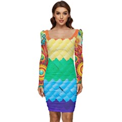 Mandalas-1084082 Textured-rainbow Women Long Sleeve Ruched Stretch Jersey Dress