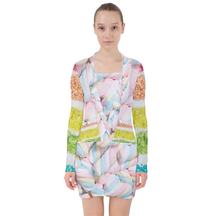 Rainbow-cake-layers Marshmallow-candy-texture V-neck Bodycon Long Sleeve Dress