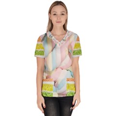 Rainbow-cake-layers Marshmallow-candy-texture Women s V-neck Scrub Top by jellybeansanddinosaurs