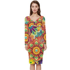 Mandalas-1084082 Long Sleeve V-neck Bodycon Dress 