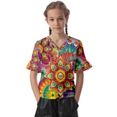 Mandalas-1084082 Kids  V-neck Horn Sleeve Blouse