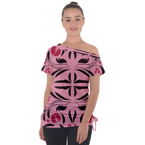 Floral Folk Damask Pattern  Off Shoulder Tie-up Tee by Eskimos