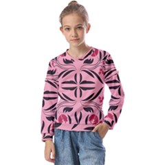 Floral Folk Damask Pattern  Kids  Long Sleeve Tee With Frill 