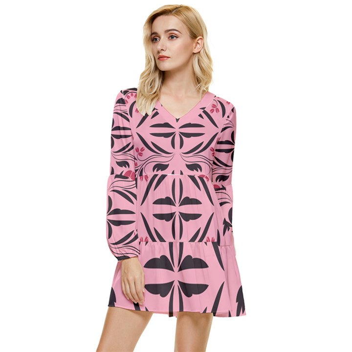 Floral folk damask pattern  Tiered Long Sleeve Mini Dress