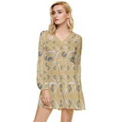 Folk Flowers Print Floral Pattern Ethnic Art Tiered Long Sleeve Mini Dress