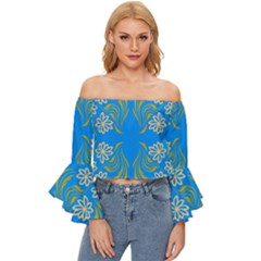 Floral Folk Damask Pattern  Off Shoulder Flutter Bell Sleeve Top by Eskimos