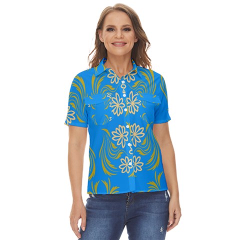 Floral Folk Damask Pattern  Women s Short Sleeve Double Pocket Shirt by Eskimos