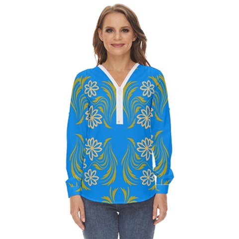 Floral Folk Damask Pattern  Zip Up Long Sleeve Blouse by Eskimos