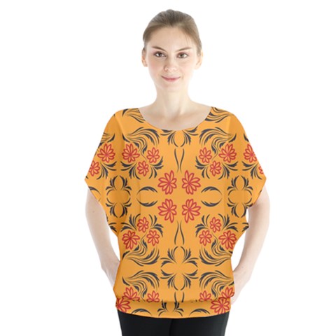 Floral Folk Damask Pattern  Batwing Chiffon Blouse by Eskimos