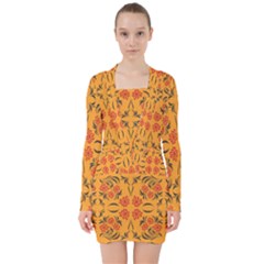 Floral Folk Damask Pattern  V-neck Bodycon Long Sleeve Dress by Eskimos