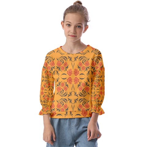 Floral Folk Damask Pattern  Kids  Cuff Sleeve Top by Eskimos