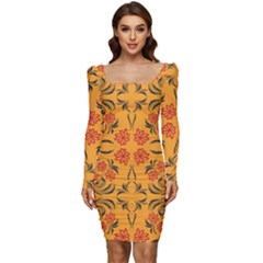 Floral Folk Damask Pattern  Women Long Sleeve Ruched Stretch Jersey Dress