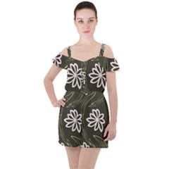 Folk Flowers Print Floral Pattern Ethnic Art Ruffle Cut Out Chiffon Playsuit by Eskimos