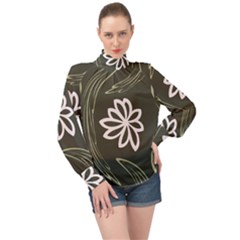 Folk Flowers Print Floral Pattern Ethnic Art High Neck Long Sleeve Chiffon Top by Eskimos