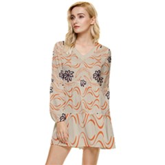 Folk Flowers Print Floral Pattern Ethnic Art Tiered Long Sleeve Mini Dress