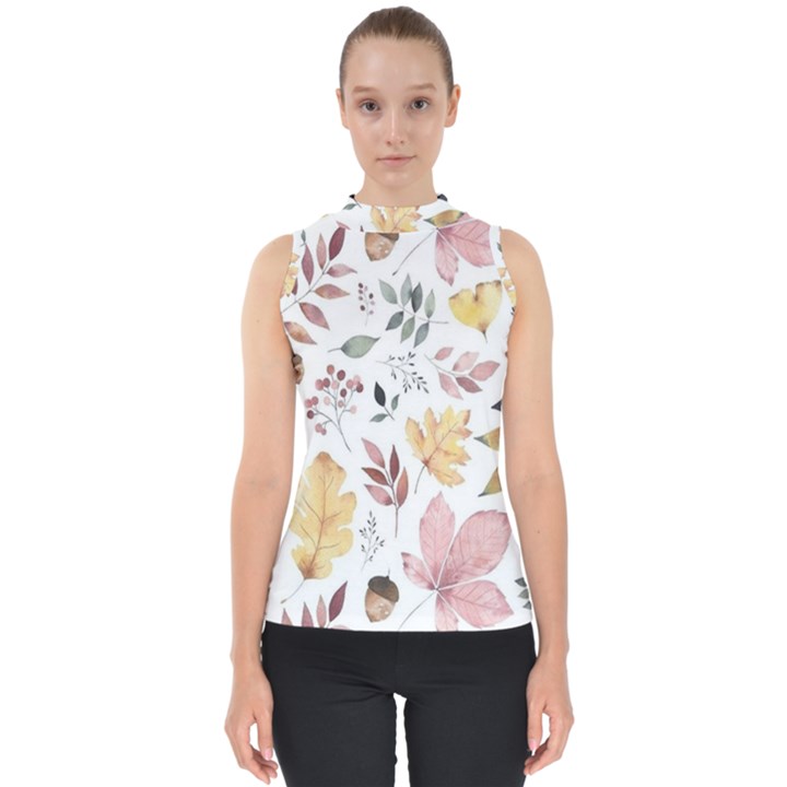 Flowers Pattern Mock Neck Shell Top