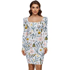 Floral Women Long Sleeve Ruched Stretch Jersey Dress